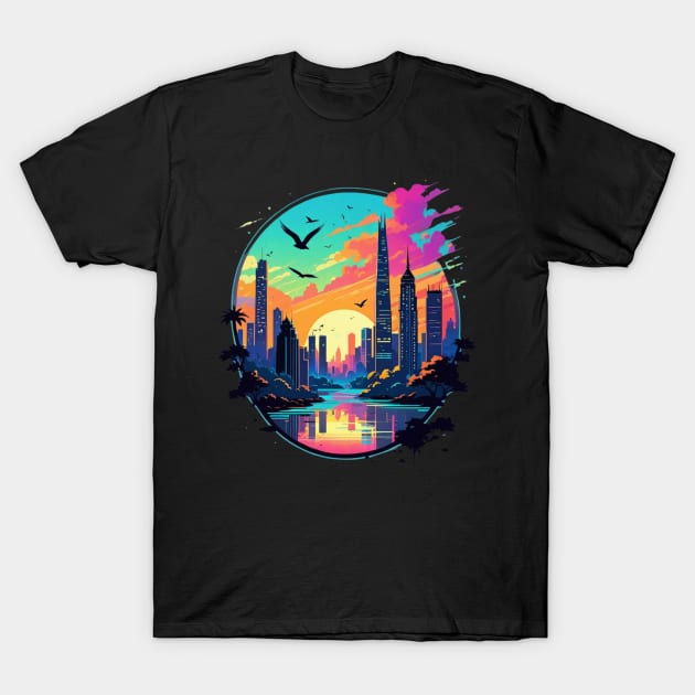 city skyline with vibrant sunset background T-Shirt by cy4designs 